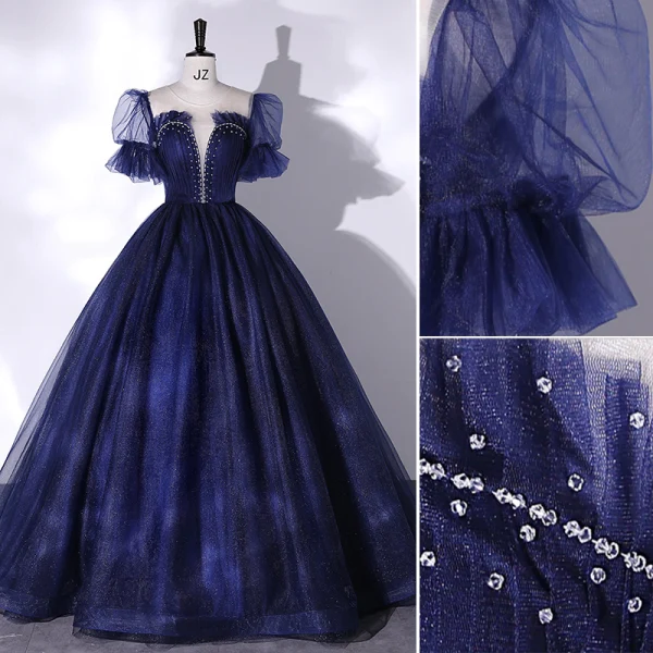 Vintage / Originale Simple Bleu Marine Paillettes Robe De Bal 2022 Robe Boule Encolure Dégagée Manches Courtes Dos Nu Longue Robe De Ceremonie