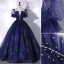 Vintage / Originale Simple Bleu Marine Paillettes Robe De Bal 2022 Robe Boule Encolure Dégagée Manches Courtes Dos Nu Longue Robe De Ceremonie