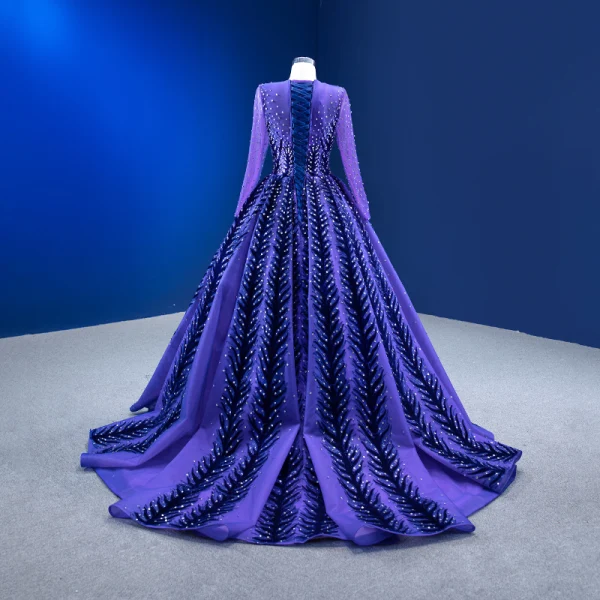 Vintage / Retro High-end Navy Blue Beading Sequins Prom Dresses 2023 Ball Gown Scoop Neck Long Sleeve Court Train Prom Formal Dresses