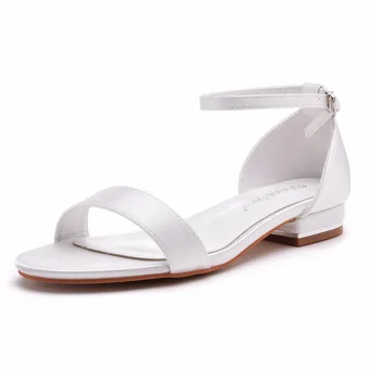 Enkel Satin Hvit Flate Brudesko 2023 Ankelstropp Peep Toe Bryllup Sandaler