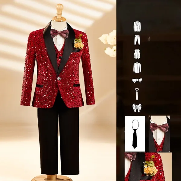 Fall Winter Red Long Sleeve Sequins 6-piece Boys Wedding Suits 2025 Body Jewellery Coat Pants Shirt Tie Vest
