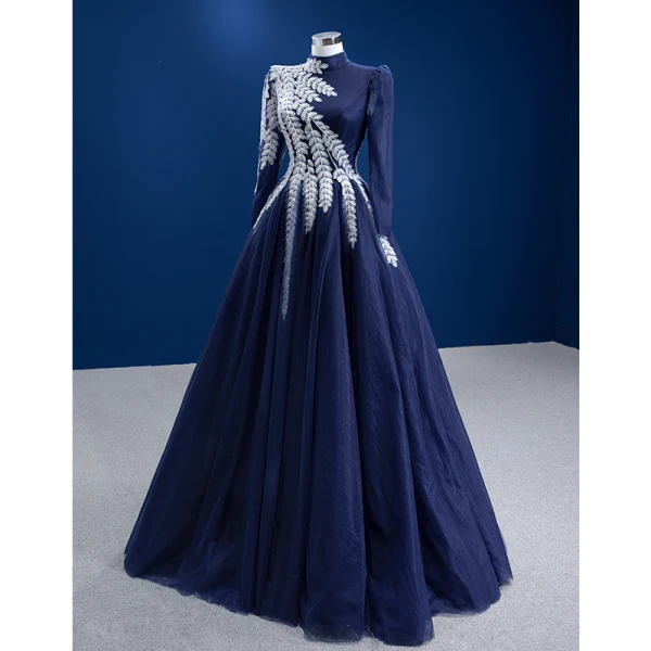 Vintage / Retro Navy Blue Lace Flower Prom Dresses 2022 A-Line / Princess High Neck Long Sleeve Floor-Length / Long Formal Dresses