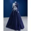 Vintage / Retro Navy Blue Lace Flower Prom Dresses 2022 A-Line / Princess High Neck Long Sleeve Floor-Length / Long Formal Dresses