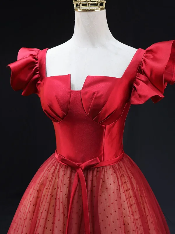 Chic / Beautiful Burgundy Dot Bow Sash Prom Dresses 2025 A-Line / Princess Square Neckline Short Sleeve Backless Floor-Length / Long Prom Formal Dresses