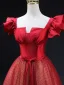 Chic / Beautiful Burgundy Dot Bow Sash Prom Dresses 2025 A-Line / Princess Square Neckline Short Sleeve Backless Floor-Length / Long Prom Formal Dresses