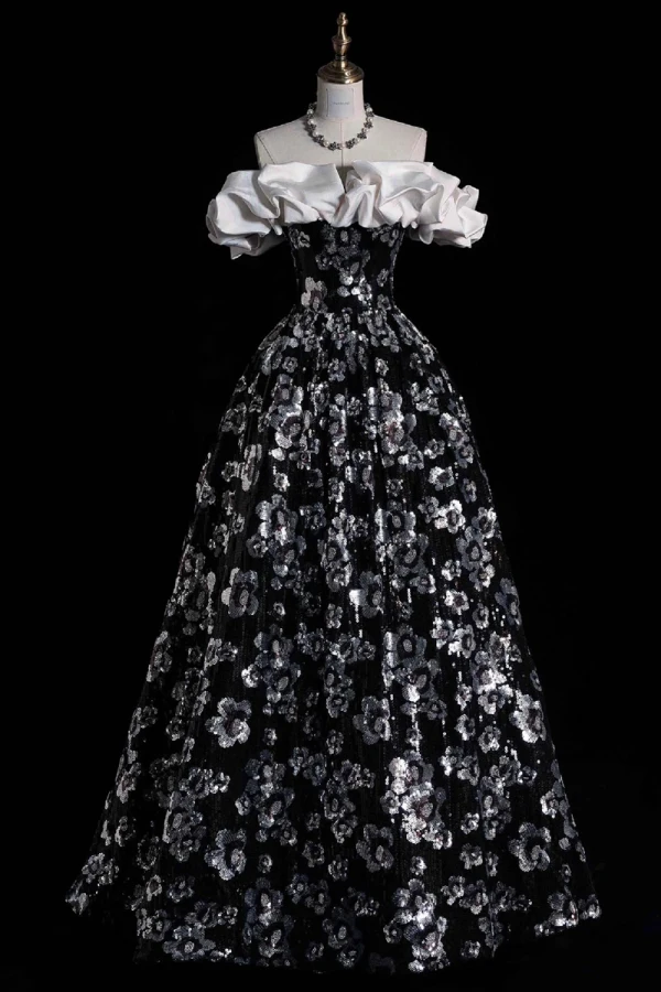 Chic / Beautiful Black Sequins Flower Prom Dresses 2023 A-Line / Princess Ruffle Off-The-Shoulder Short Sleeve Backless Floor-Length / Long Prom Formal Dresses