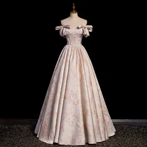 Mode Charmant Rougissant Rose Impression Robe De Bal 2023 Princesse Bustier Perle Noeud Sans Manches Dos Nu Longue Promo Robe De Ceremonie