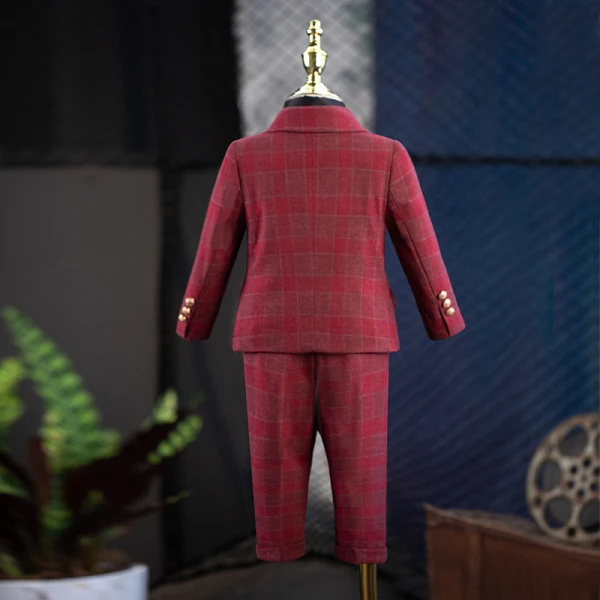 Burgundy 5-piece Plaid Long Sleeve Boys Wedding Suits 2022 Body Jewellery Coat Pants Shirt Tie Wedding