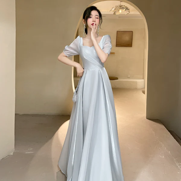 Simple Gris Robe Demoiselle D'honneur 2022 Princesse Manches Courtes Dos Nu Longue Demoiselle D'honneur Robe De Ceremonie