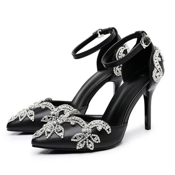 Schöne Weiß Strass Brautschuhe 2026 Knöchelriemen 9 cm Stilettos Spitzschuh Hochzeit Hochhackige