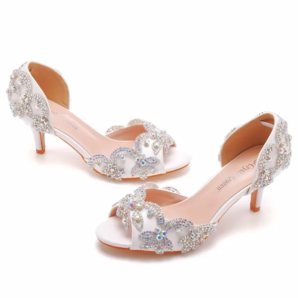Charming White Rhinestone Wedding Shoes 2023 6 cm Stiletto Heels Open / Peep Toe Wedding Sandals High Heels