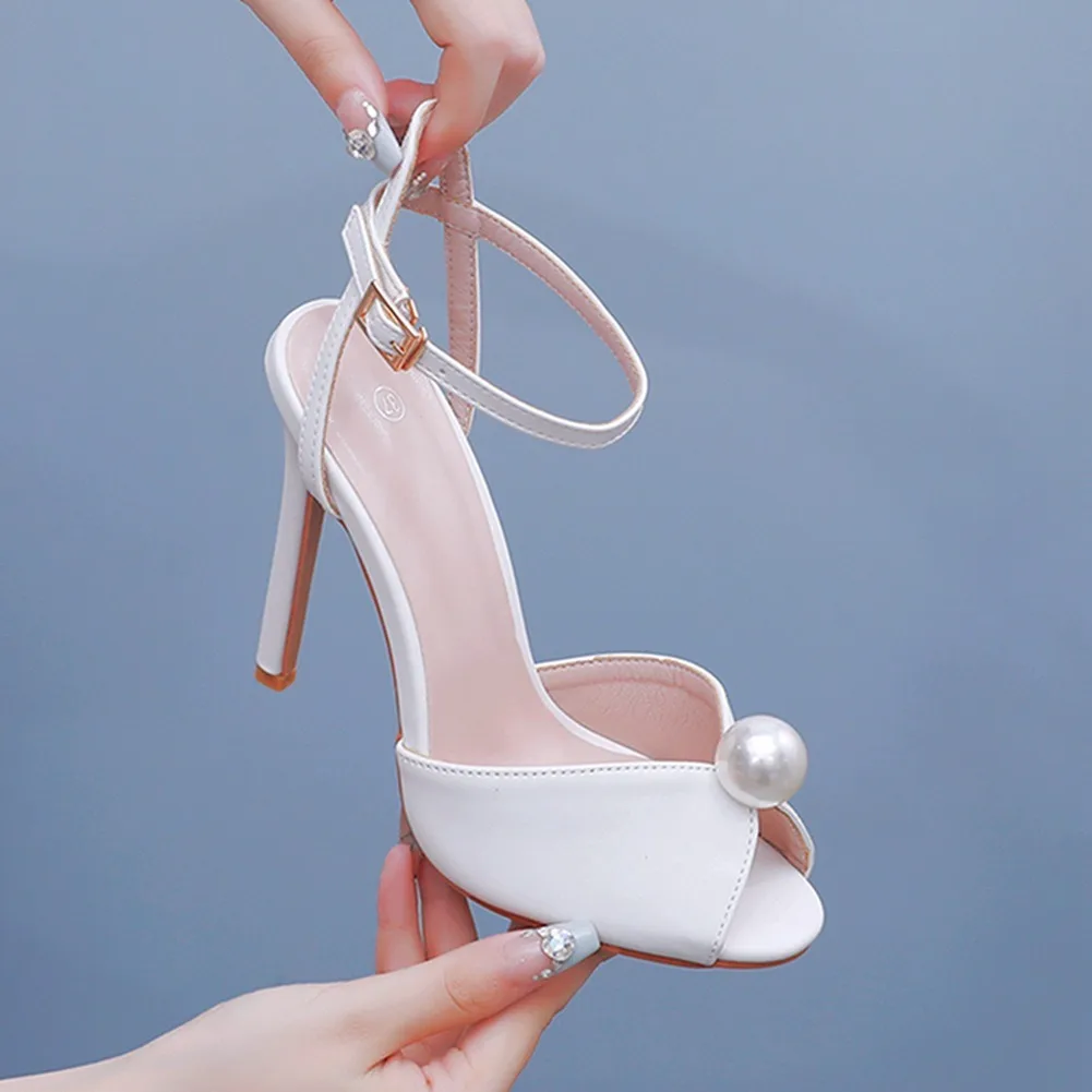 Schlicht Weiß Knöchelriemen Brautschuhe 2024 11 cm Stilettos Peeptoes ...