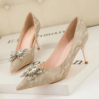 Charmant Champagne Faux Diamant Papillon Soirée Escarpins Talons Hauts 2022 7 Cm Talons Aiguilles À Bout Pointu Escarpins