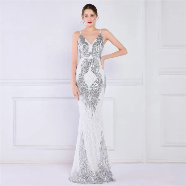 Charmant Doré Paillettes Robe De Soirée 2022 Trompette / Sirène Bretelles Spaghetti Sans Manches Dos Nu Longue Soirée Robe De Ceremonie