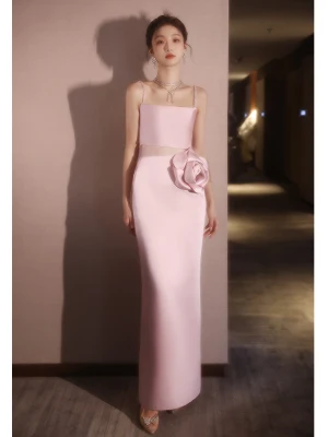 Charmant Rougissant Rose Appliques Robe De Soirée 2024 Trompette Sirène Bretelles Spaghetti Sans Manches Dos Nu Longue Soirée Robe De Ceremonie