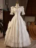 Vintage Medeltida Elfenben Satin Rosett Spets Bröllopsklänningar 2024 Prinsessa V-Hals Korta ärm Halterneck Långa Bröllop