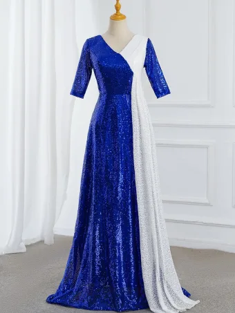Vintage Königliches Blau Pailletten Ballkleider 2025 Meerjungfrau V Ausschnitt Kurze Ärmel Lange Ball Festliche Kleider