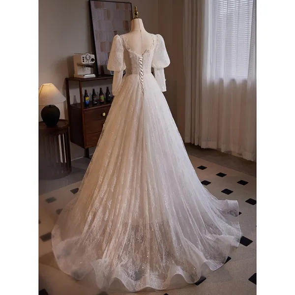 Elegant White Pearl Lace Flower Prom Dresses 2024 Ball Gown V-Neck 3/4 Sleeve Backless Sweep Train Prom Formal Dresses