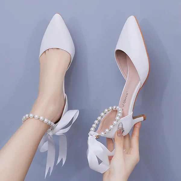 Élégant Blanche Perle Bride Cheville Noeud Chaussure De Mariée 2024 5 cm Talons Aiguilles À Bout Pointu Mariage Talons Hauts
