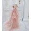 Élégant Rougissant Rose Volants en Cascade Satin Robe De Bal 2024 Princesse Volants De l'épaule Manches Courtes Dos Nu Train De Balayage Robe De Ceremonie