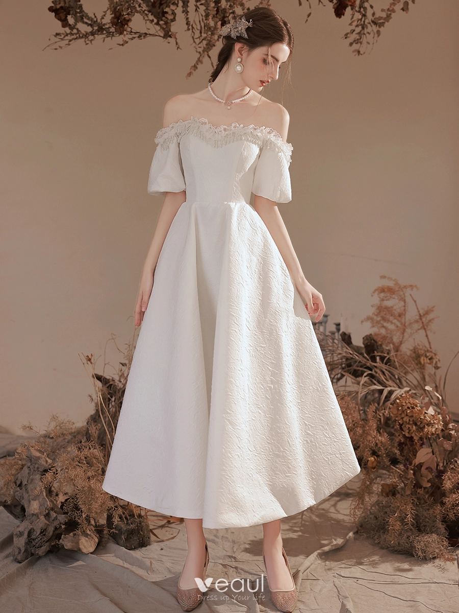 White off the shoulder a-line wedding dresses,short homecoming dresses