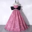 Schöne Pink Rüschen Blumen Ballkleider 2024 Ballkleid Off Shoulder Kurze Ärmel Rückenfreies Sweep / Pinsel Zug Ball Festliche Kleider