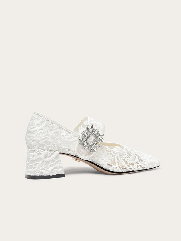 Vintage Weiß Spitze Brautschuhe 2024 5 cm Thick Heels Quadratische Zehe Hochzeit Pumps