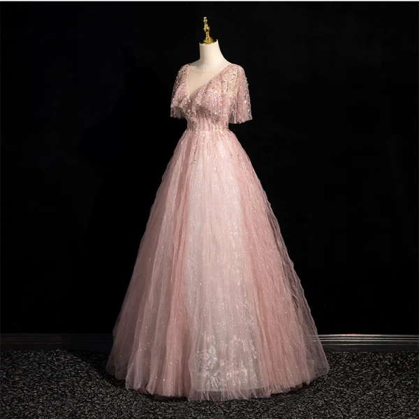 Bling Bling Dusky Pink Beading Sequins Prom Dresses 2024 A-Line / Princess V-Neck Short Sleeve Backless Floor-Length / Long Prom Formal Dresses