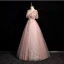 Bling Bling Dusky Pink Beading Sequins Prom Dresses 2024 A-Line / Princess V-Neck Short Sleeve Backless Floor-Length / Long Prom Formal Dresses