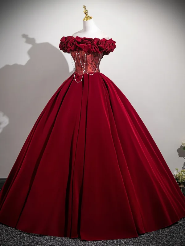 Vintage / Retro Burgundy Velvet Prom Dresses 2025 Ball Gown Ruffle Off-The-Shoulder Short Sleeve Backless Floor-Length / Long Prom Formal Dresses