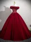 Vintage / Retro Burgundy Prom Dresses 2025 Ball Gown Ruffle Off-The-Shoulder Short Sleeve Backless Floor-Length / Long Prom Formal Dresses