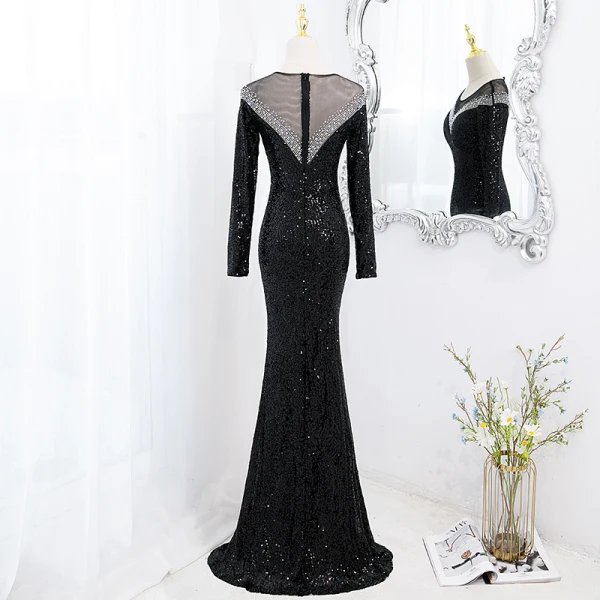 Charmant Scintillantes Noire Faux Diamant Paillettes Robe De Soirée 2022 Trompette / Sirène Encolure Dégagée Manches Longues Train De Balayage Soirée Robe De Ceremonie