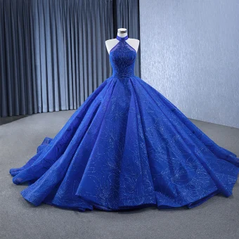 High End Ocean Blue Handmade Beading Pearl Sequins Lace Flower Chapel Train Prom Dresses 2024 Ball Gown Halter Sleeveless Backless Prom
