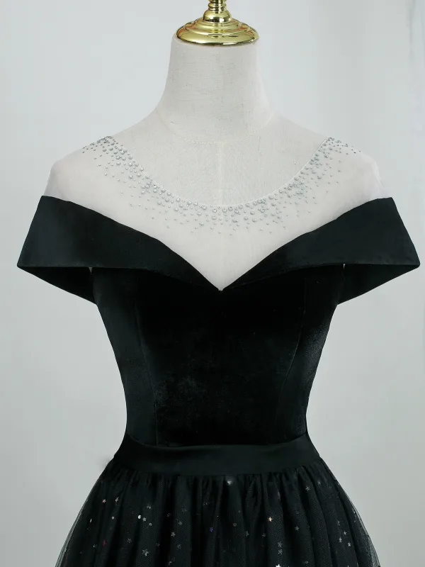 Bling Bling Black Star Sequins Prom Dresses 2026 A-Line / Princess Scoop Neck Short Sleeve Backless