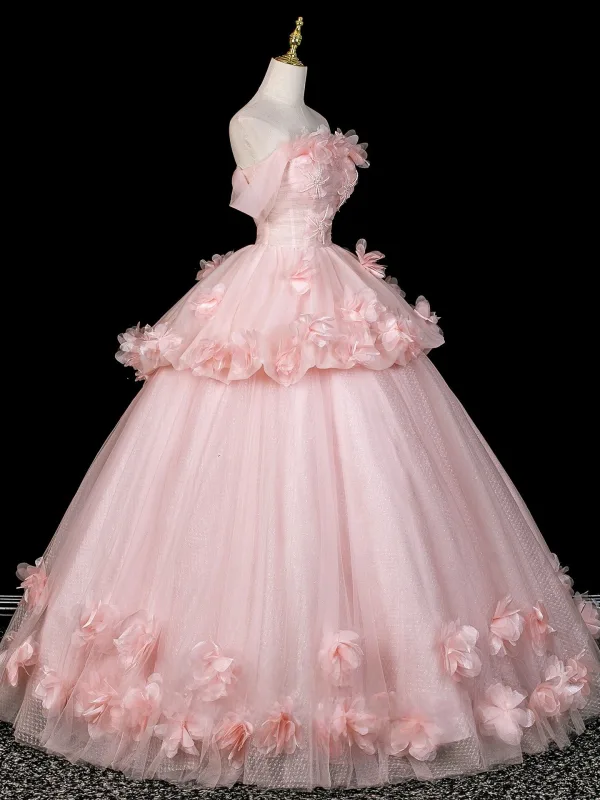 Flower Fairy Blushing Pink Appliques Beading Prom Dresses 2026 Ball Gown Off-The-Shoulder Sleeveless Backless Floor-Length / Long Formal Dresses