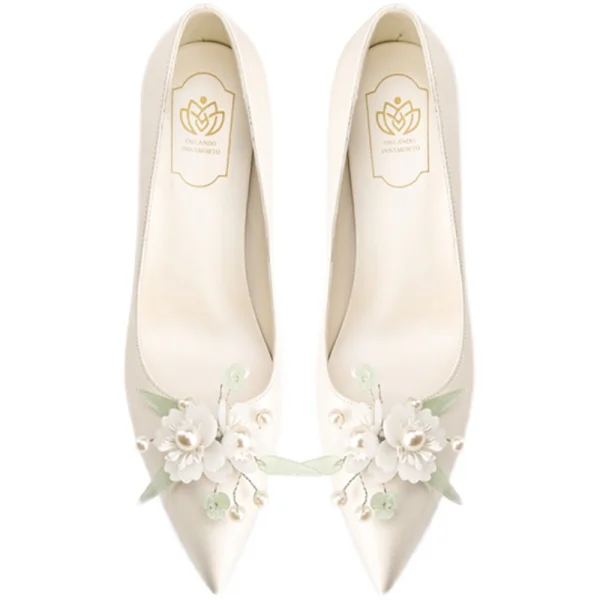 Chic / Beautiful Ivory Satin Pearl Flower Wedding Pumps 2022 Leather 8 cm Stiletto Heels Pointed Toe Pumps High Heels