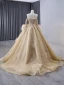 Luxury / Gorgeous Champagne Handmade  Beading Sequins Tassel Prom Dresses 2024 Ball Gown Strapless Short Sleeve Backless Court Train Prom Formal Dresses