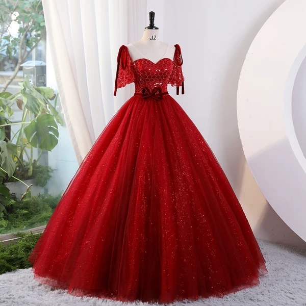 Elegant Burgundy Glitter Beading Sequins Prom Dresses 2023 Ball Gown V-Neck Short Sleeve Backless Bow Sash Prom Floor-Length / Long Formal Dresses