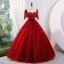 Elegant Burgundy Glitter Beading Sequins Prom Dresses 2023 Ball Gown V-Neck Short Sleeve Backless Bow Sash Prom Floor-Length / Long Formal Dresses