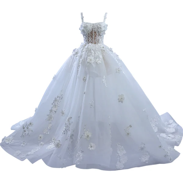 High-end White Beading Pearl Sequins Lace Flower Appliques Wedding Dresses 2023 Ball Gown Spaghetti Straps Sleeveless Backless Court Train Wedding