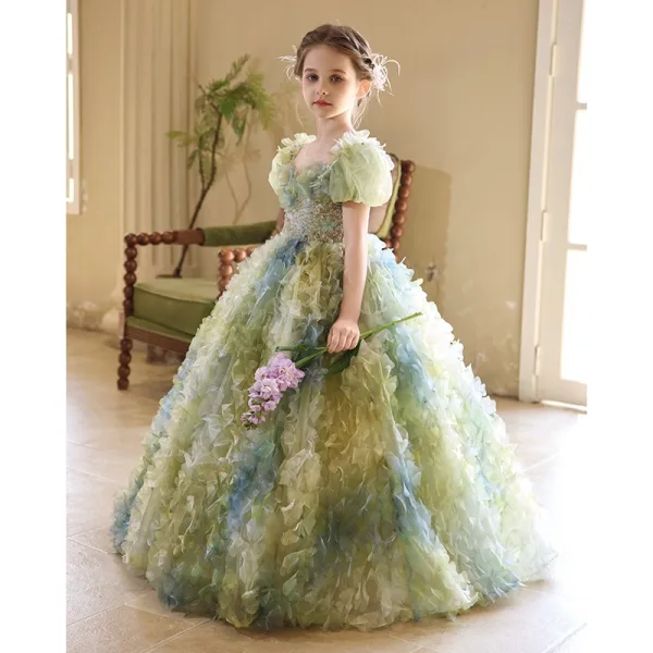 Flower Fairy Sage Green Beading Sequins Appliques Birthday Flower Girl Dresses 2025 Ball Gown Scoop Neck Short Sleeve Backless Floor-Length / Long
