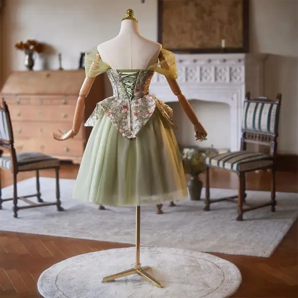 Chic / Beautiful Sage Green Sequins Lace Flower Homecoming Graduation Dresses 2025 A-Line / Princess Off-The-Shoulder Short Sleeve Backless Tea-length Formal Dresses