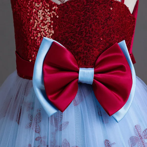 Chic / Beautiful Sky Blue Lace Flower Sequins Flower Girl Dresses 2024 Ball Gown Birthday Sleeveless Scoop Neck Bow Floor-Length / Long