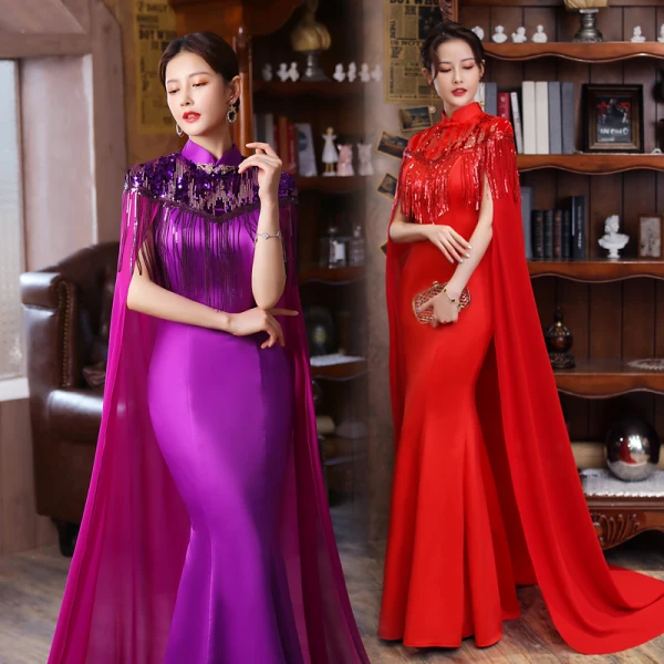Chinese style Purple Sequins Tassel Cheongsam 2023 Trumpet / Mermaid Satin High Neck Short Sleeve Floor-Length / Long Evening Party Cheongsam / Qipao