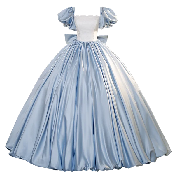Elegant Sky Blue Satin Prom Dresses 2023 Ball Gown Square Neckline Puffy Short Sleeve Backless Bow Floor-Length / Long Prom Formal Dresses