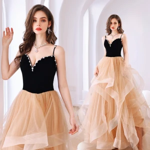 Fashion Black Glitter Prom Dresses 2022 A Line Princess Spaghetti Straps Sequins Rhinestone Sleeveless Backless Floor Length Long Cascading Ruffles Formal Dresses