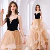 Fashion Black Glitter Prom Dresses 2022 A-Line / Princess Spaghetti Straps Sequins Rhinestone Sleeveless Backless Floor-Length / Long Cascading Ruffles Formal Dresses