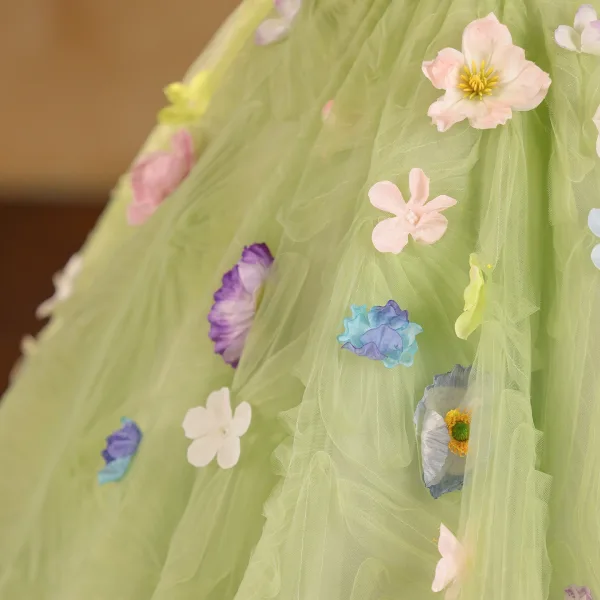 Chic / Belle Vert Cendré Appliques Volants Anniversaire Robe Ceremonie Fille 2025 Robe Boule Encolure Dégagée Sans Manches Dos Nu Noeud Ceinture Thé Longueur