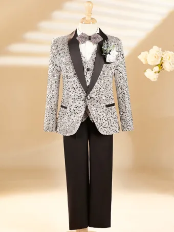 Bling Bling Grey Fall Winter 6 Piece Sequins Long Sleeve Boys Wedding Suits 2025 Body Jewellery Coat Pants Shirt Tie Vest