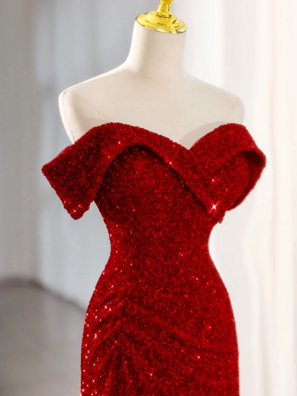 Sexy Glitzernden Burgunderrot Pailletten Gespaltete Front Abendkleider 2023 Meerjungfrau Bandeau Ärmellos Rückenfreies Sweep / Pinsel Zug Festliche Kleider